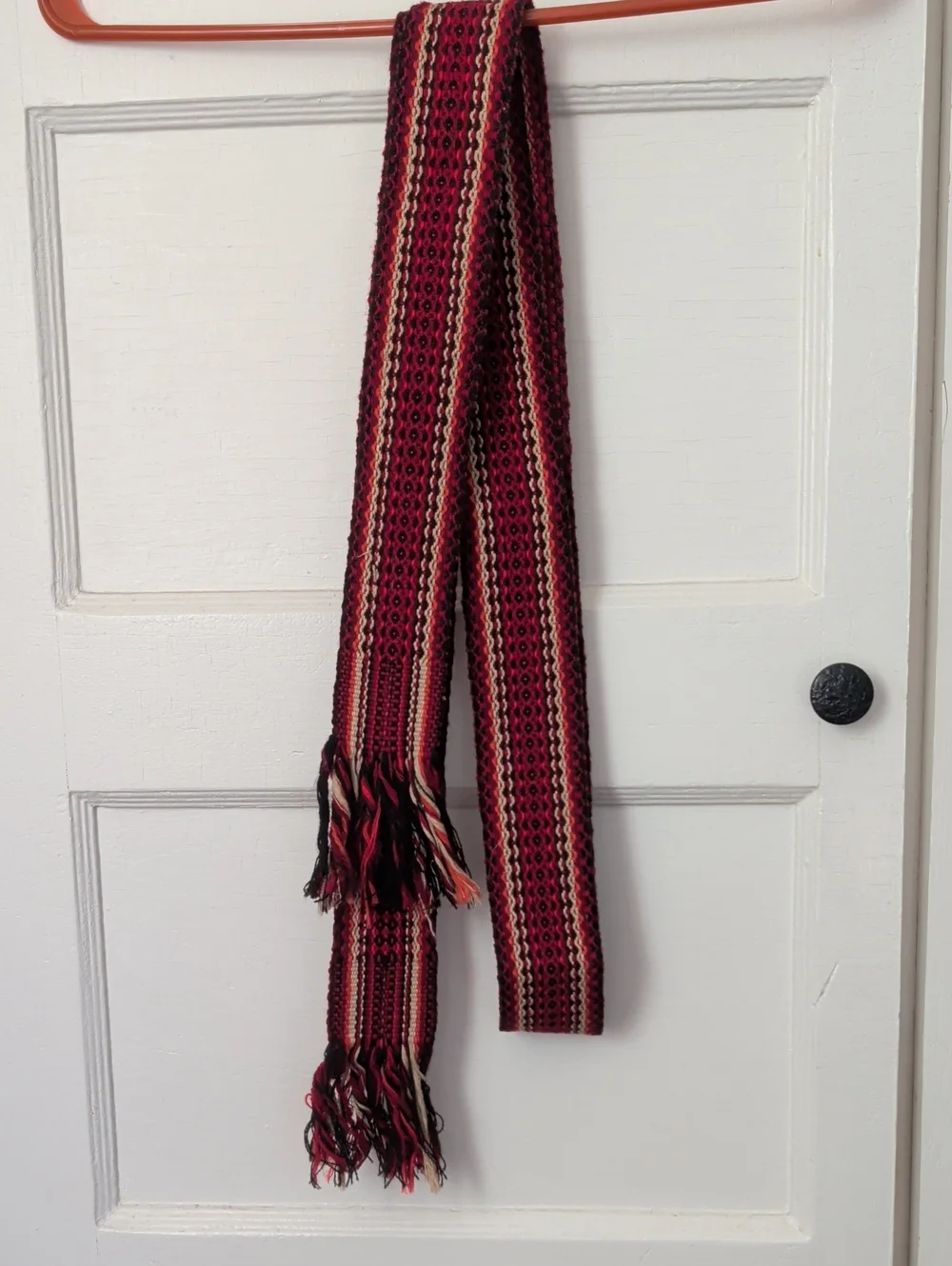 Red Sash 1970's Handwoven Black Striped Scarf Belt Fringe 82